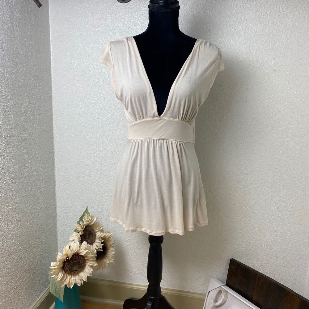 Deep V Neck Off White Blouse - Fit & Flare
